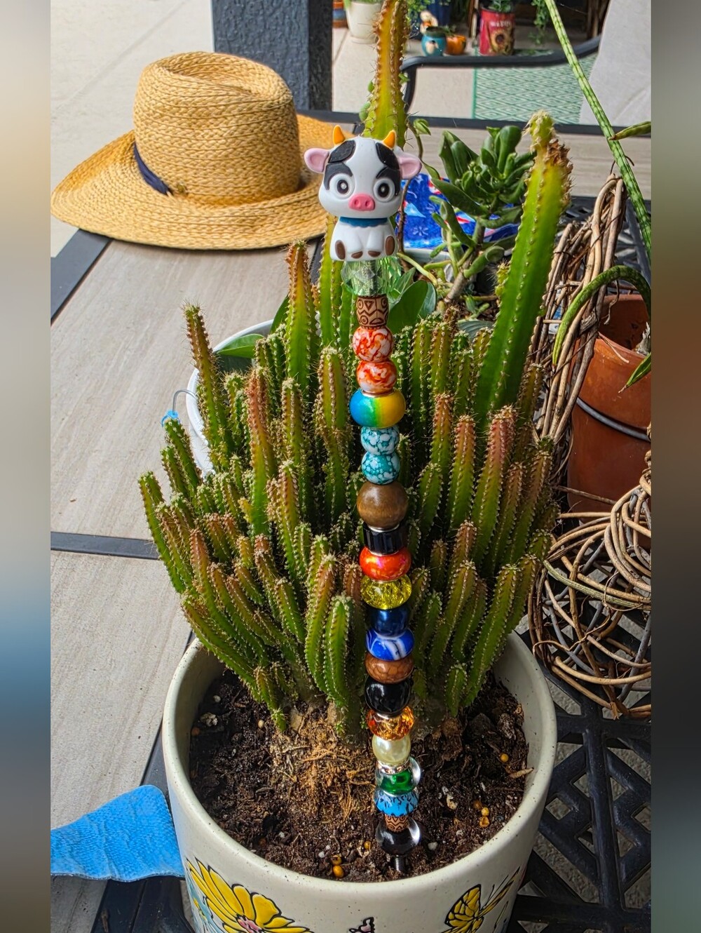 Handmade Beaded Plant Stick/garden Stake. With Cute Cow Topper